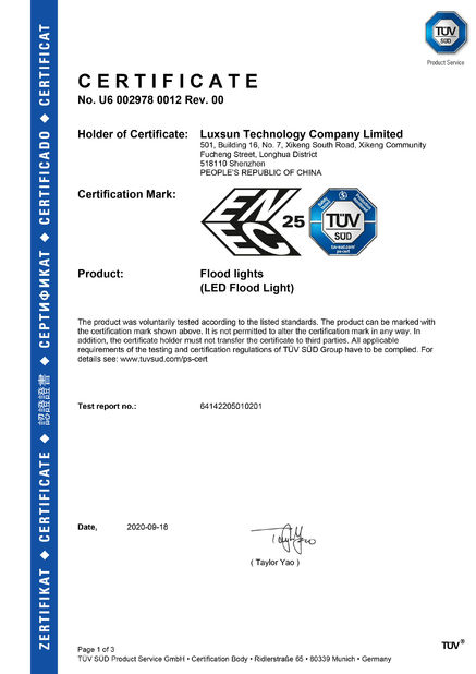 Çin Luxsun lighting Co.,Ltd Sertifikalar